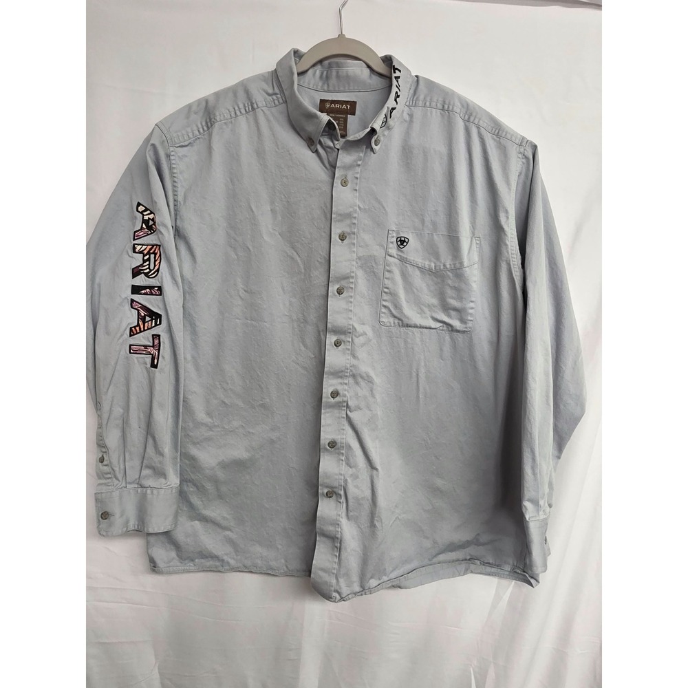 ARIAT Men's Team Logo Twill Classic Fit Shirt Dusty Aqua Blue 2XL Embroidered